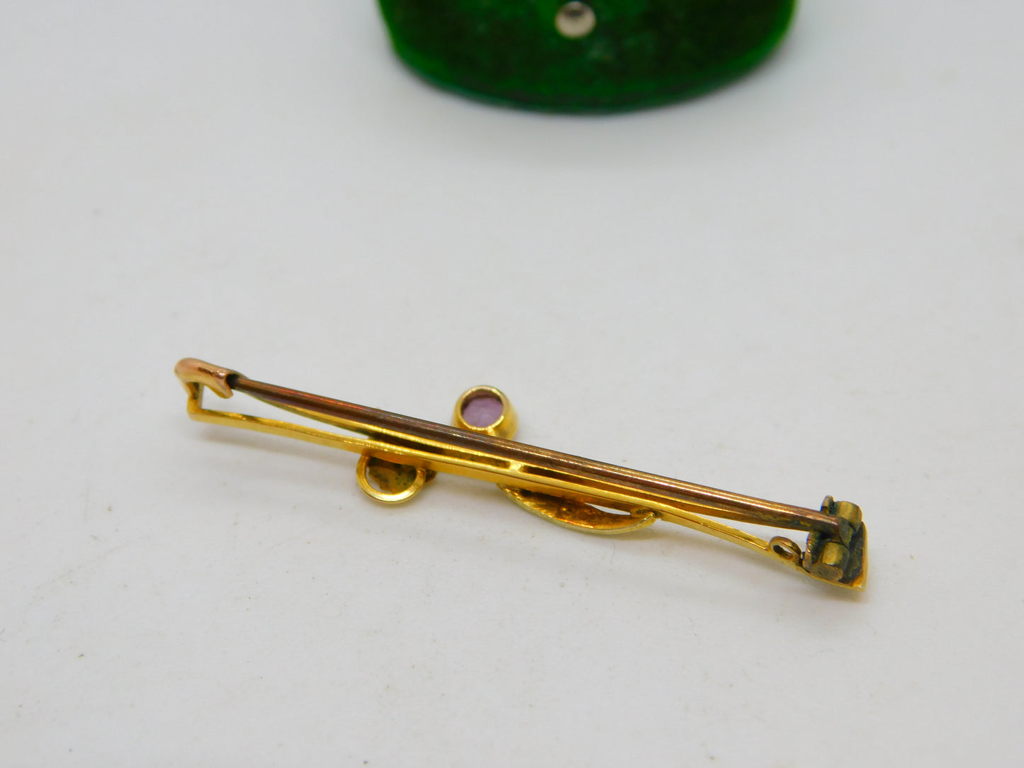 Edwardian 9ct Yellow Gold, Amethyst & Seed Pearl Floral Bar Brooch Antique