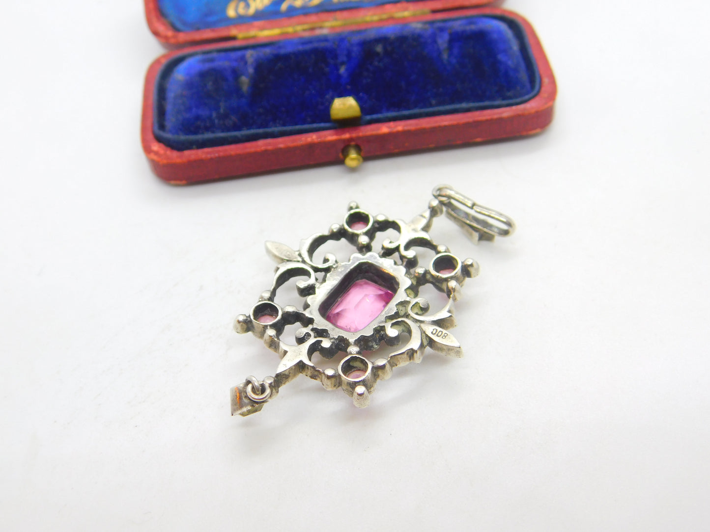 Early Austrian .800 Silver Pink & White Paste Lavalier Drop Pendant c1860 Antique