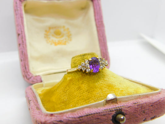 9ct Yellow Gold, Amethyst & Diamond Paste Band Ring Vintage 1988 London