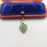 Victorian 9ct Gold Cased, Seed Pearl & Turquoise Heart Drop Pendant Antique