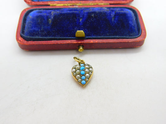 Victorian 9ct Gold Cased, Seed Pearl & Turquoise Heart Drop Pendant Antique