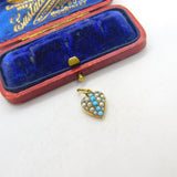 Victorian 9ct Gold Cased, Seed Pearl & Turquoise Heart Drop Pendant Antique