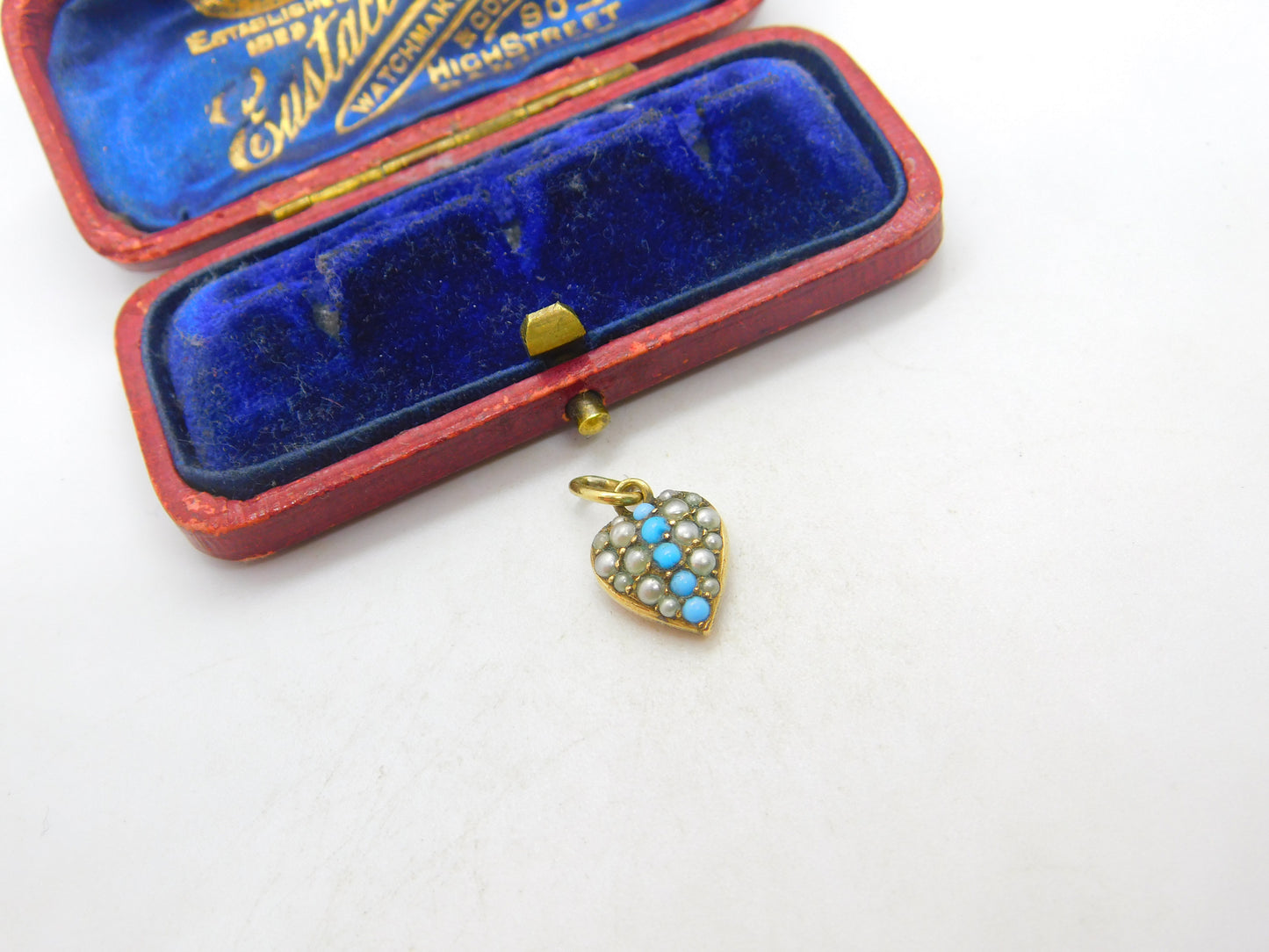 Victorian 9ct Gold Cased, Seed Pearl & Turquoise Heart Drop Pendant Antique