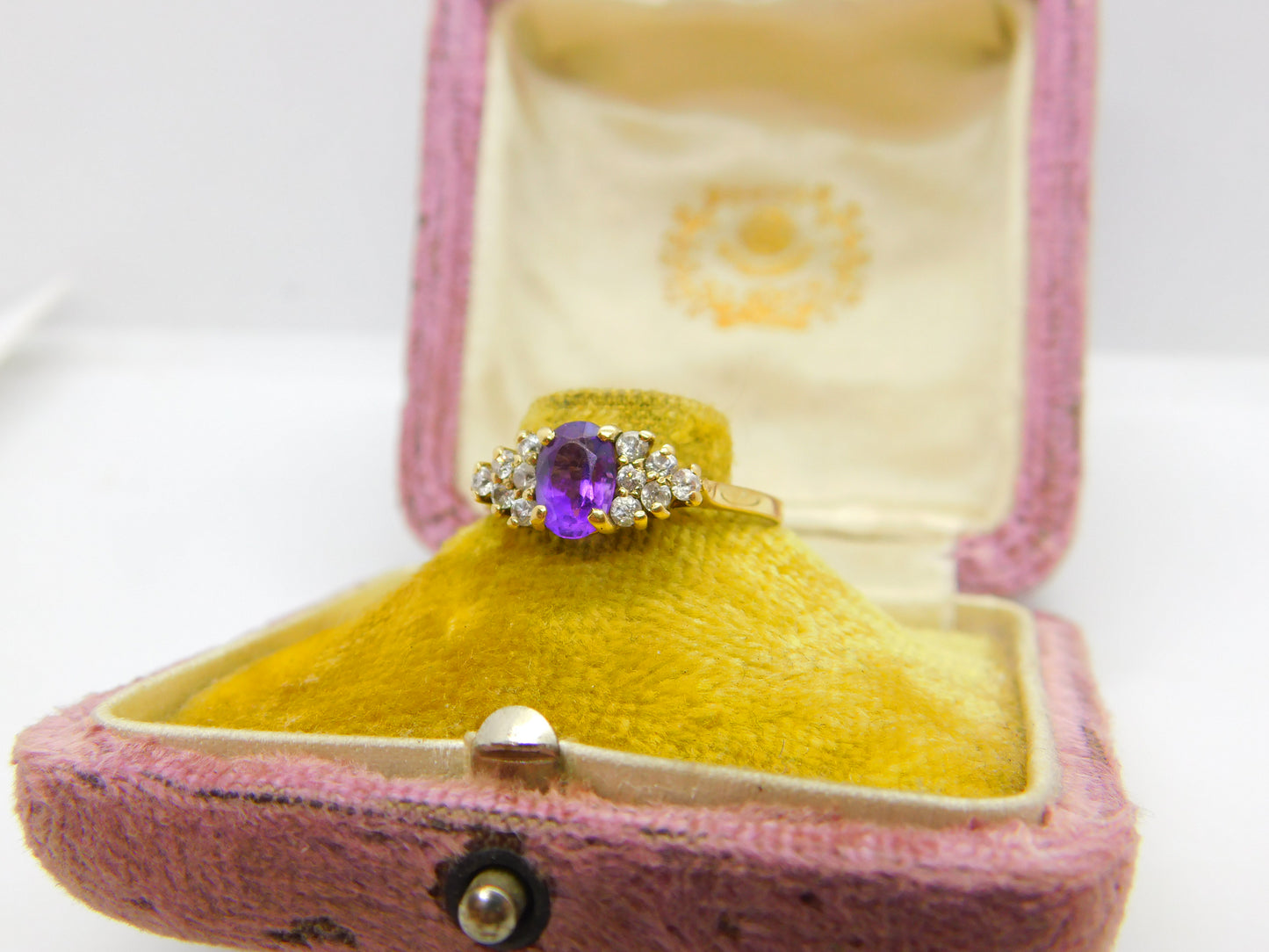 9ct Yellow Gold, Amethyst & Diamond Paste Band Ring Vintage 1988 London