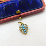 Victorian 9ct Gold Cased, Seed Pearl & Turquoise Heart Drop Pendant Antique