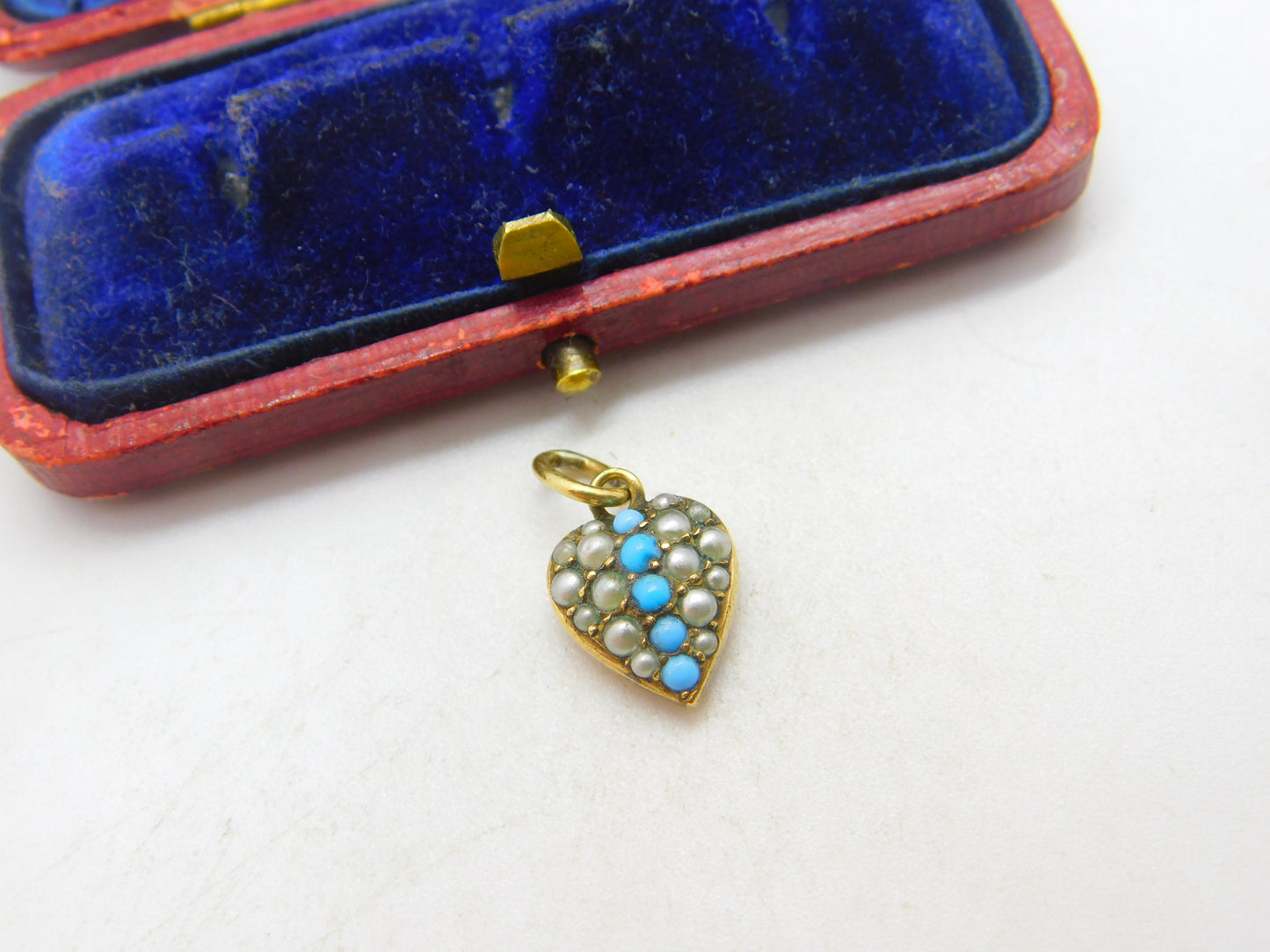 Victorian 9ct Gold Cased, Seed Pearl & Turquoise Heart Drop Pendant Antique