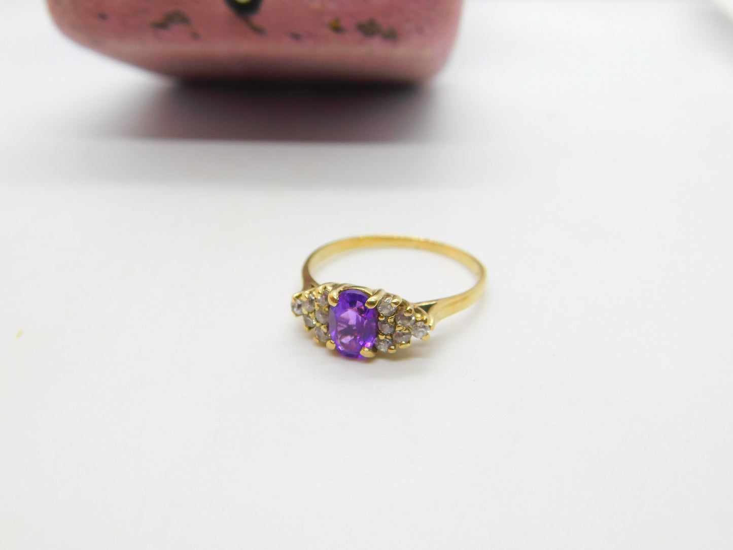 9ct Yellow Gold, Amethyst & Diamond Paste Band Ring Vintage 1988 London