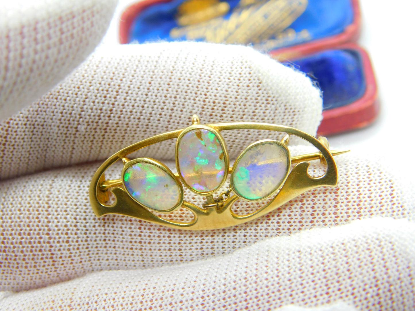 Murrle Bennett & Co. 15ct Gold & Water Opal Set Art Nouveau Brooch c1915