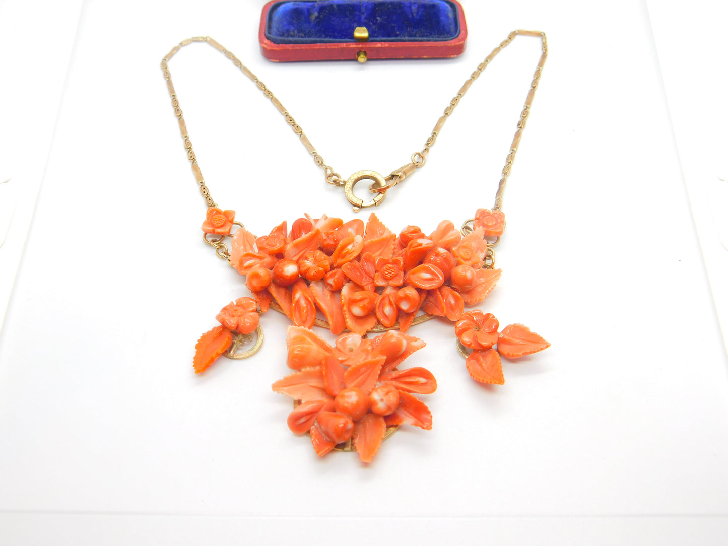 Victorian 8ct Rose Gold Large Carved Red Coral Floral Statement Necklace c1880