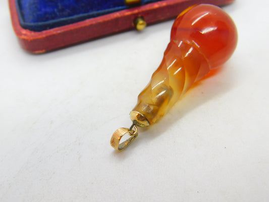 Victorian 9ct Gold & Carved Carnelian Agate Ball Form Drop Pendant Antique c1880