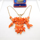 Victorian 8ct Rose Gold Large Carved Red Coral Floral Statement Necklace c1880
