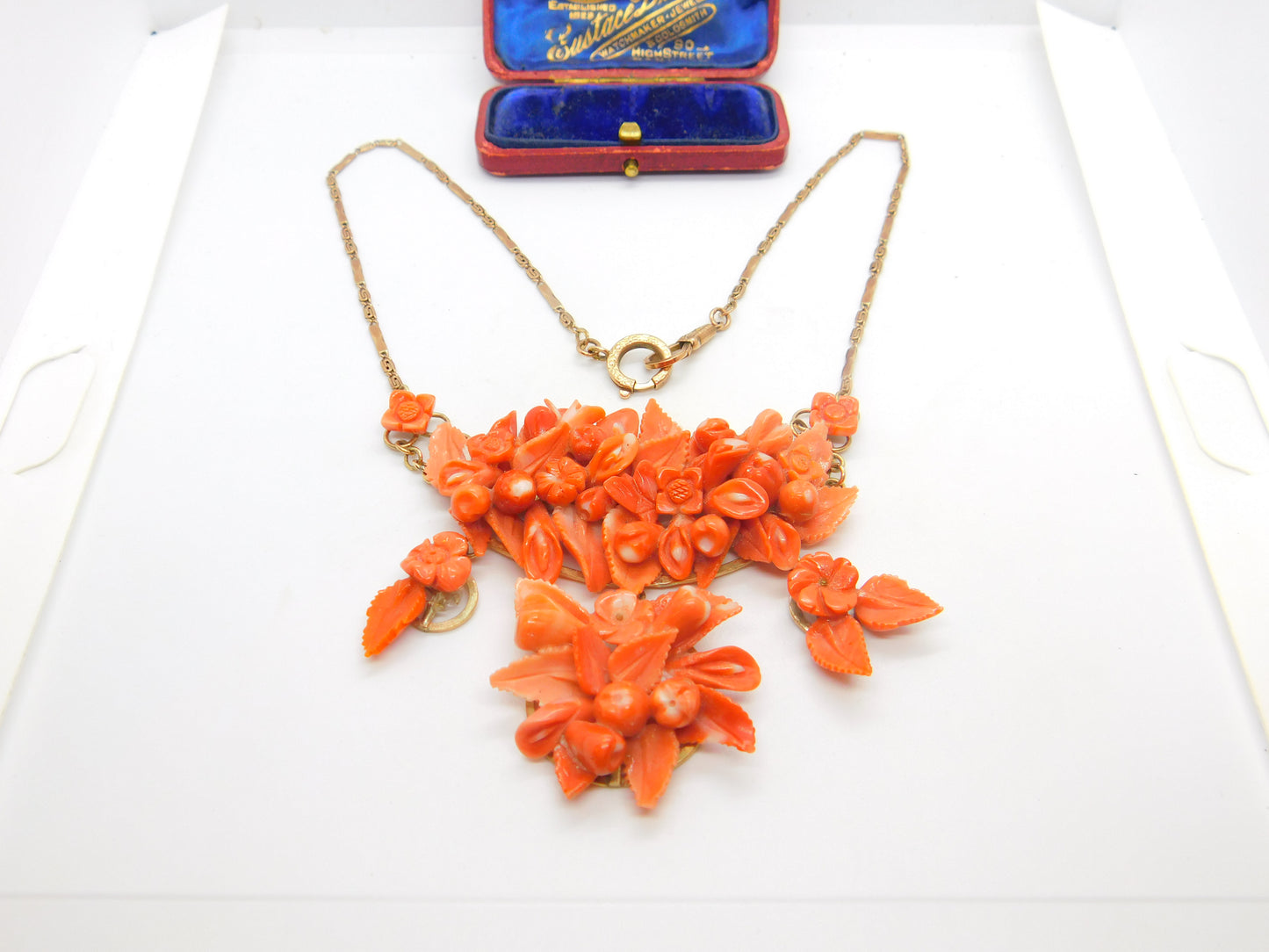 Victorian 8ct Rose Gold Large Carved Red Coral Floral Statement Necklace c1880