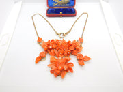 Victorian 8ct Rose Gold Large Carved Red Coral Floral Statement Necklace c1880