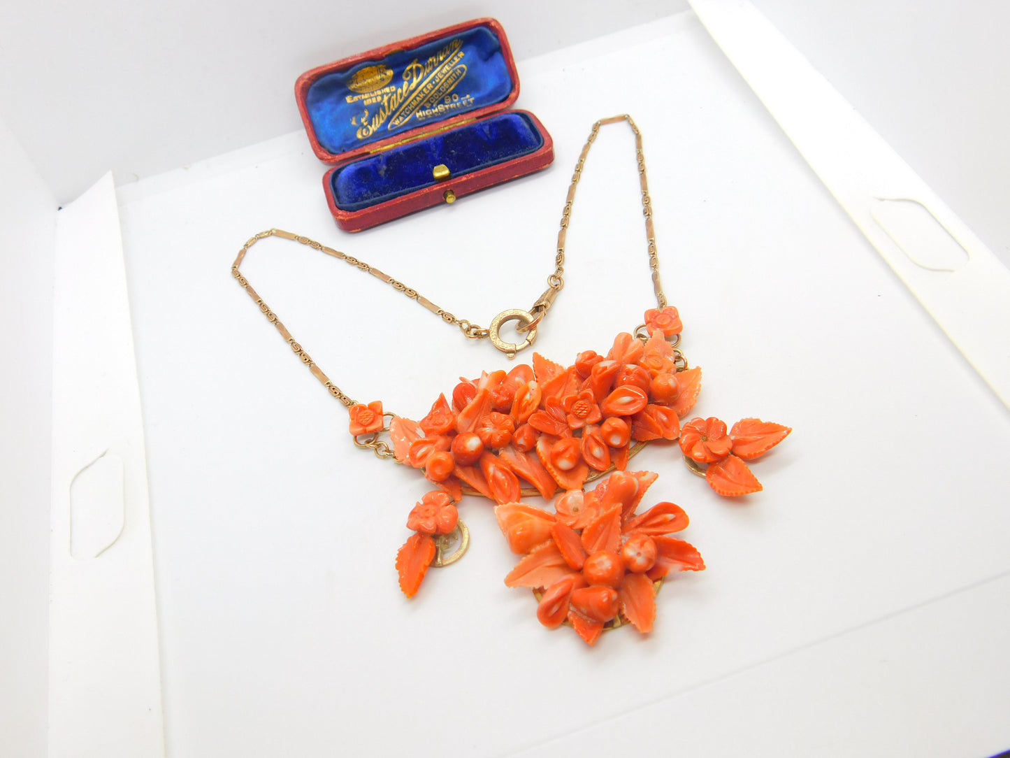 Victorian 8ct Rose Gold Large Carved Red Coral Floral Statement Necklace c1880