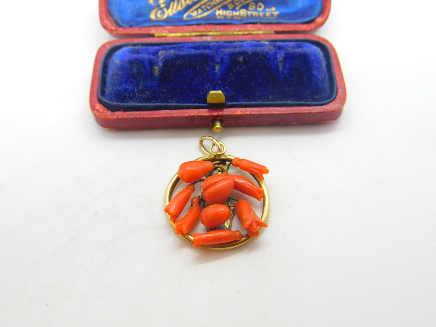 Victorian 9ct Gold & Carved Floral Red Coral Drop Pendant Antique c1860