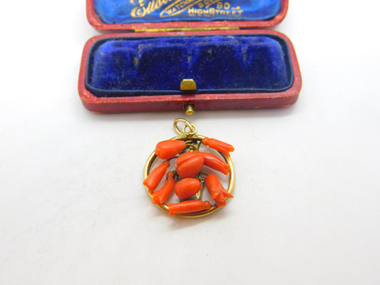 Victorian 9ct Gold & Carved Floral Red Coral Drop Pendant Antique c1860