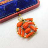Victorian 9ct Gold & Carved Floral Red Coral Drop Pendant Antique c1860