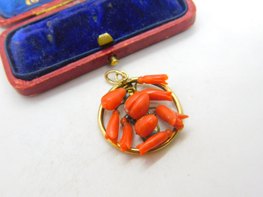 Victorian 9ct Gold & Carved Floral Red Coral Drop Pendant Antique c1860