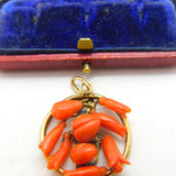 Victorian 9ct Gold & Carved Floral Red Coral Drop Pendant Antique c1860