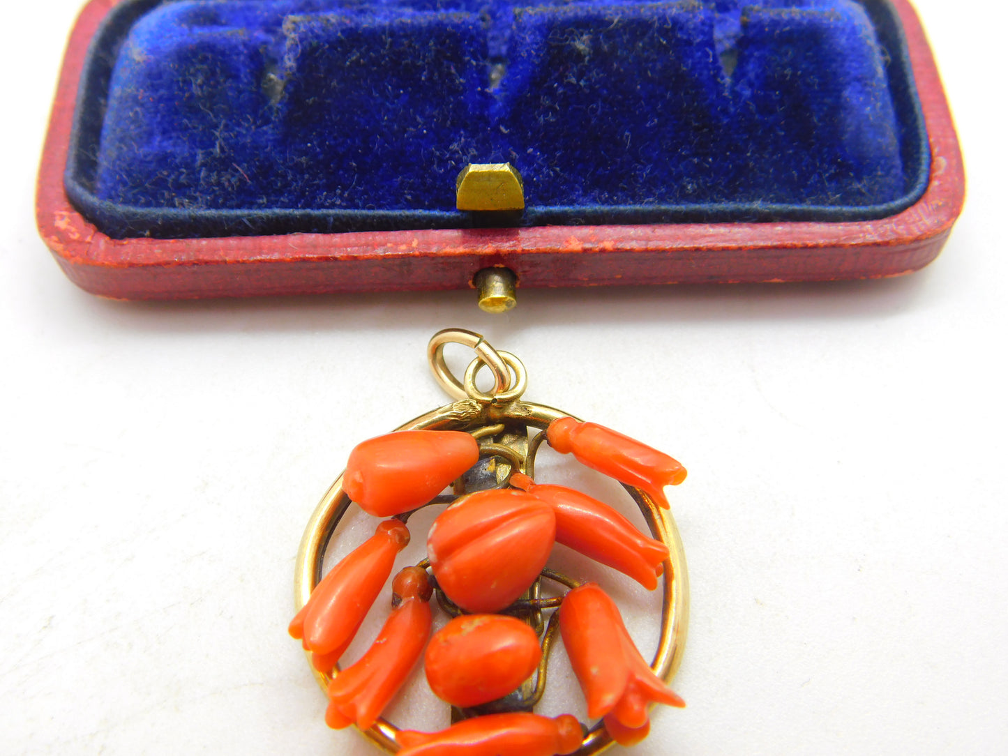 Victorian 9ct Gold & Carved Floral Red Coral Drop Pendant Antique c1860