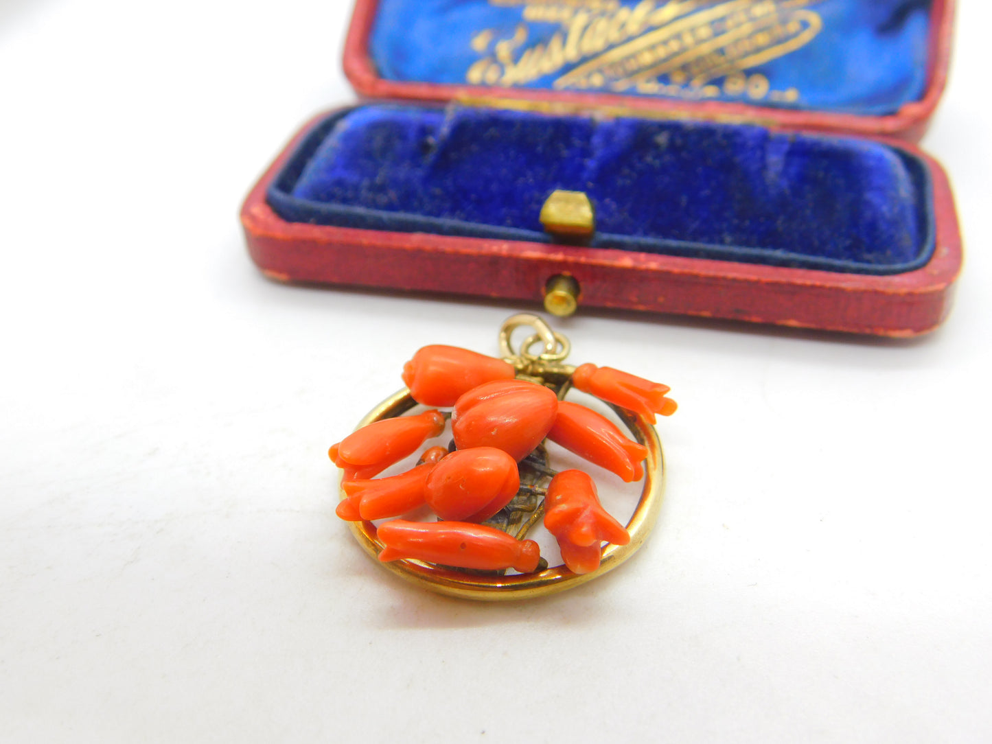 Victorian 9ct Gold & Carved Floral Red Coral Drop Pendant Antique c1860