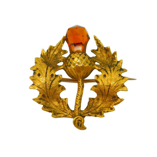 Victorian 15ct Yellow Gold Citrine Set Scottish Thistle Brooch Antique c1890