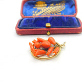 Victorian 9ct Gold & Carved Floral Red Coral Drop Pendant Antique c1860