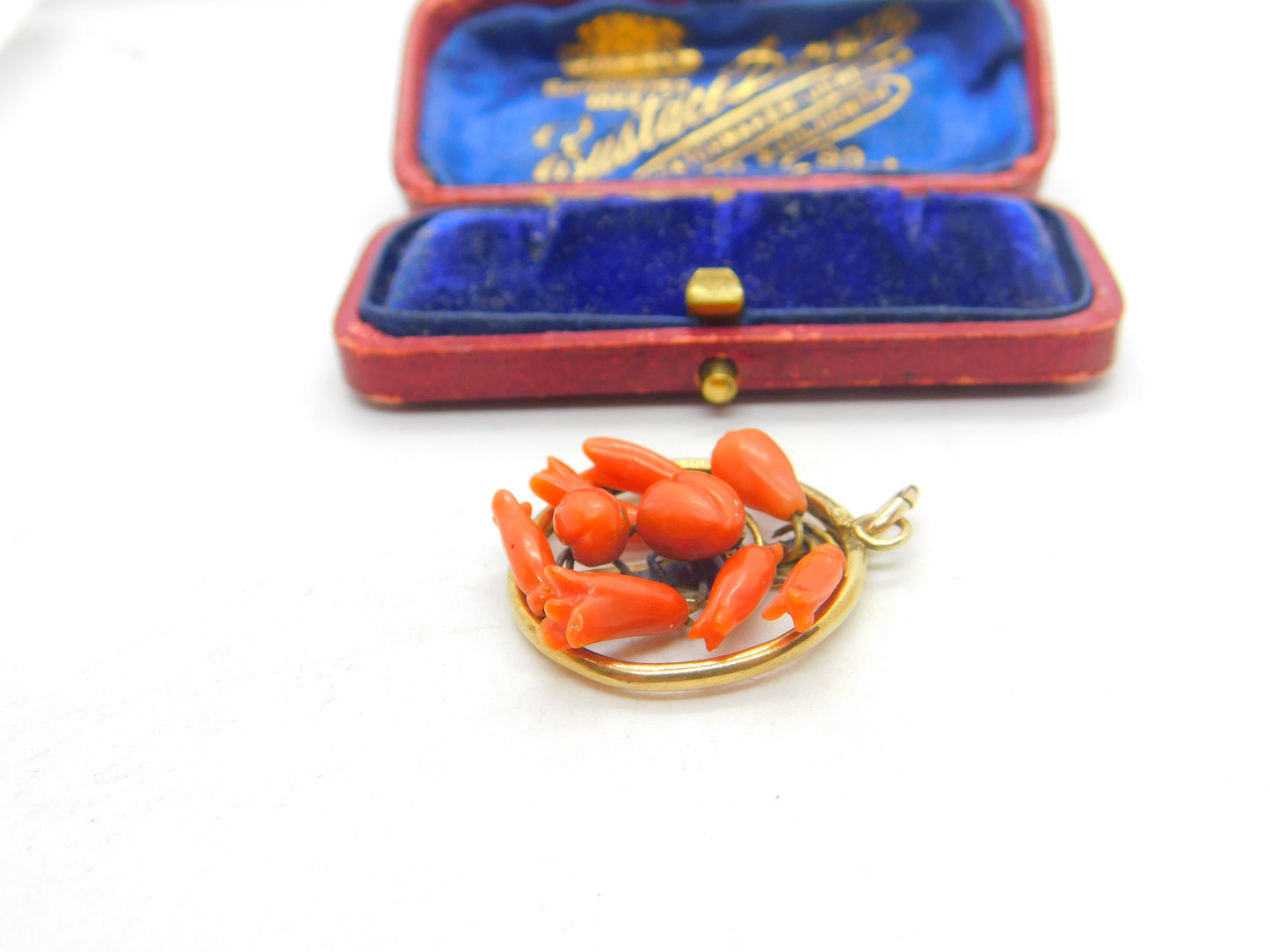 Victorian 9ct Gold & Carved Floral Red Coral Drop Pendant Antique c1860