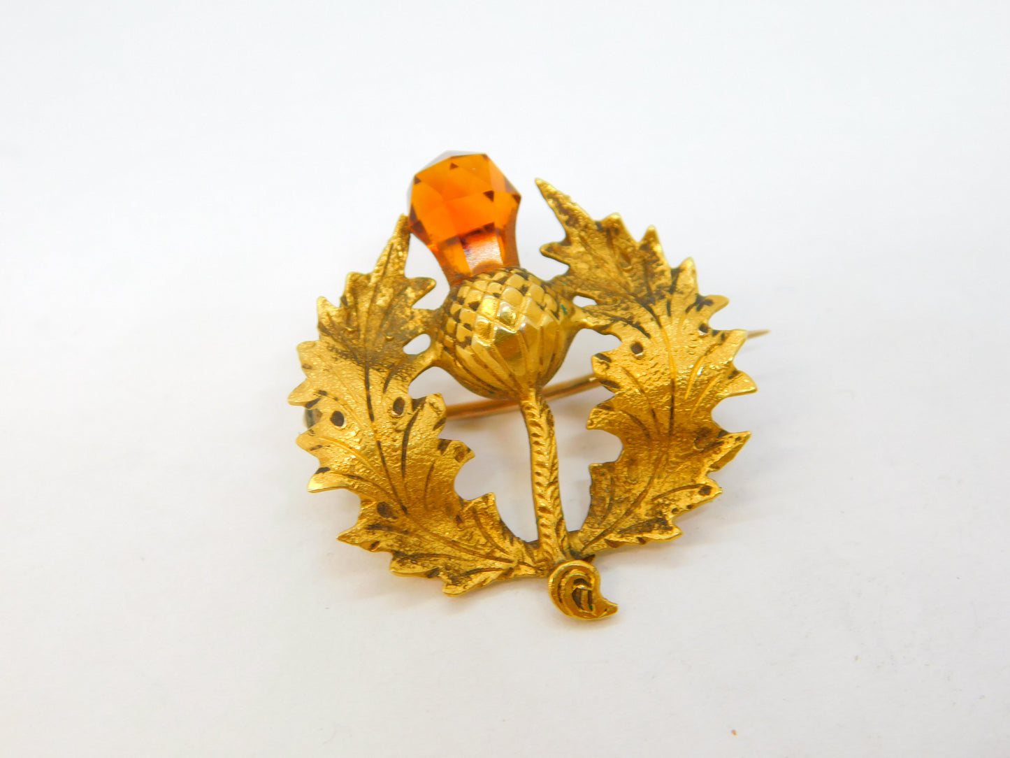 Victorian 15ct Yellow Gold Citrine Set Scottish Thistle Brooch Antique c1890