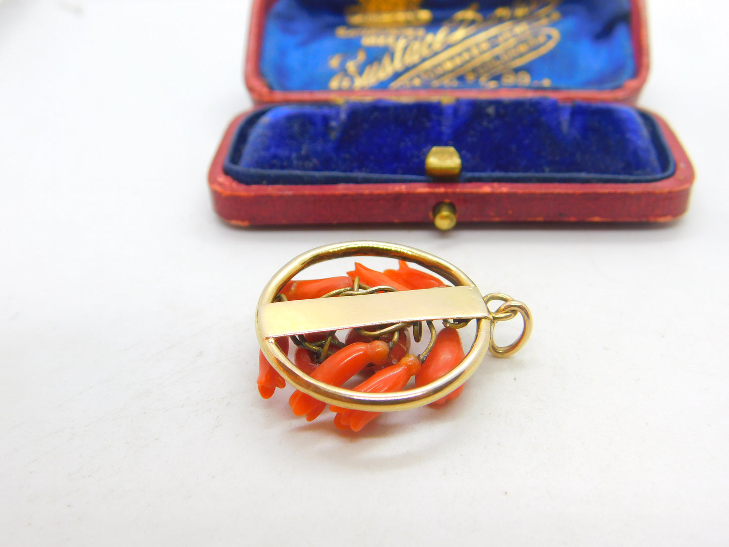 Victorian 9ct Gold & Carved Floral Red Coral Drop Pendant Antique c1860