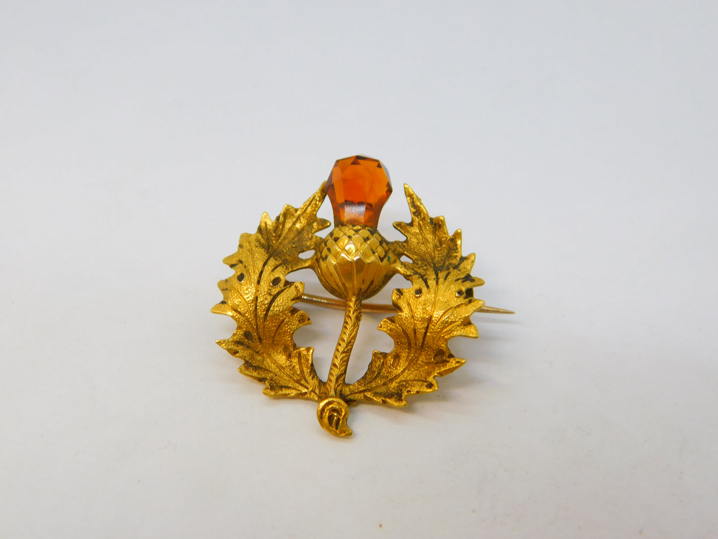 Victorian 15ct Yellow Gold Citrine Set Scottish Thistle Brooch Antique c1890