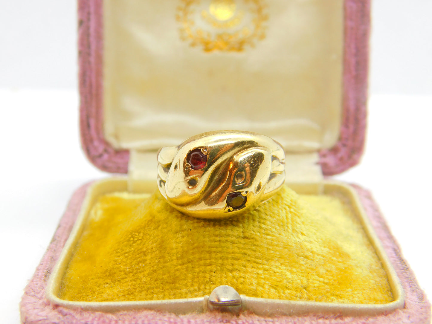 Victorian Style 9ct Yellow Gold & Garnet Snake or Serpent Crossover Ring Vintage