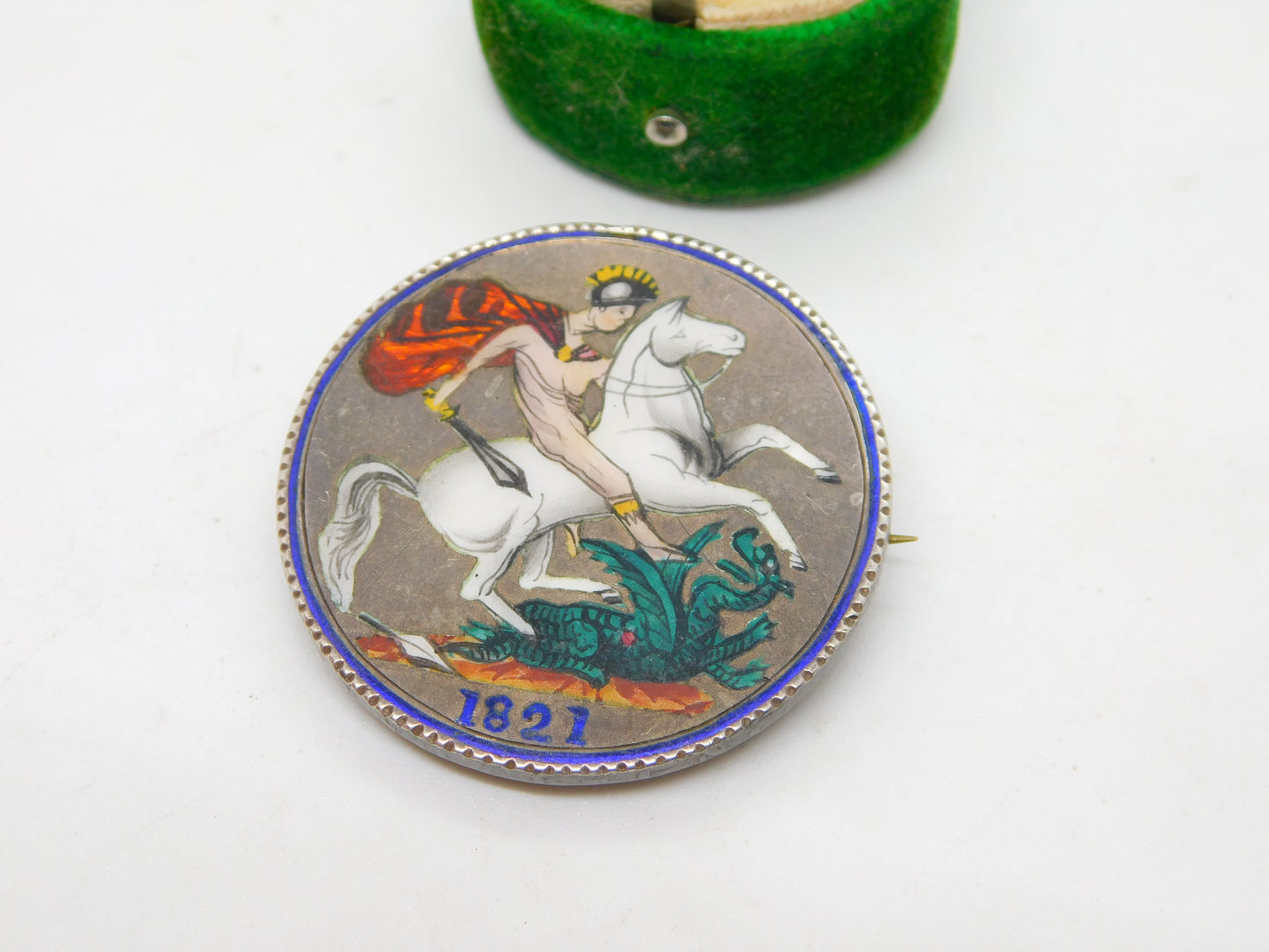 George IV Sterling Silver & Enamel Crown Coin Brooch Antique 1821