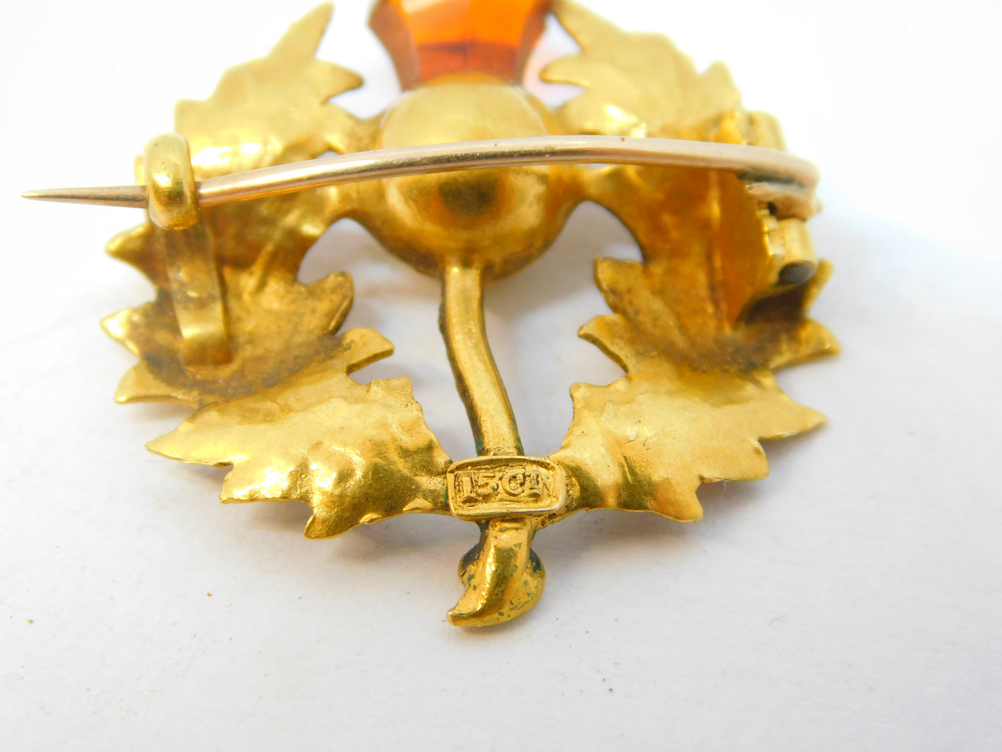 Victorian 15ct Yellow Gold Citrine Set Scottish Thistle Brooch Antique c1890
