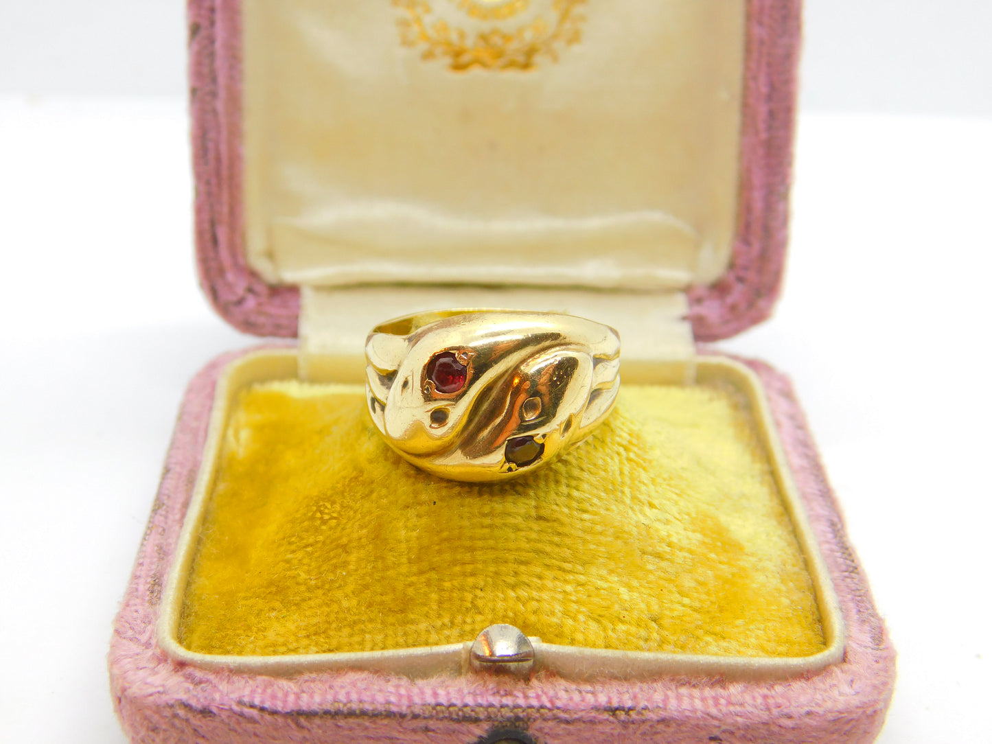 Victorian Style 9ct Yellow Gold & Garnet Snake or Serpent Crossover Ring Vintage