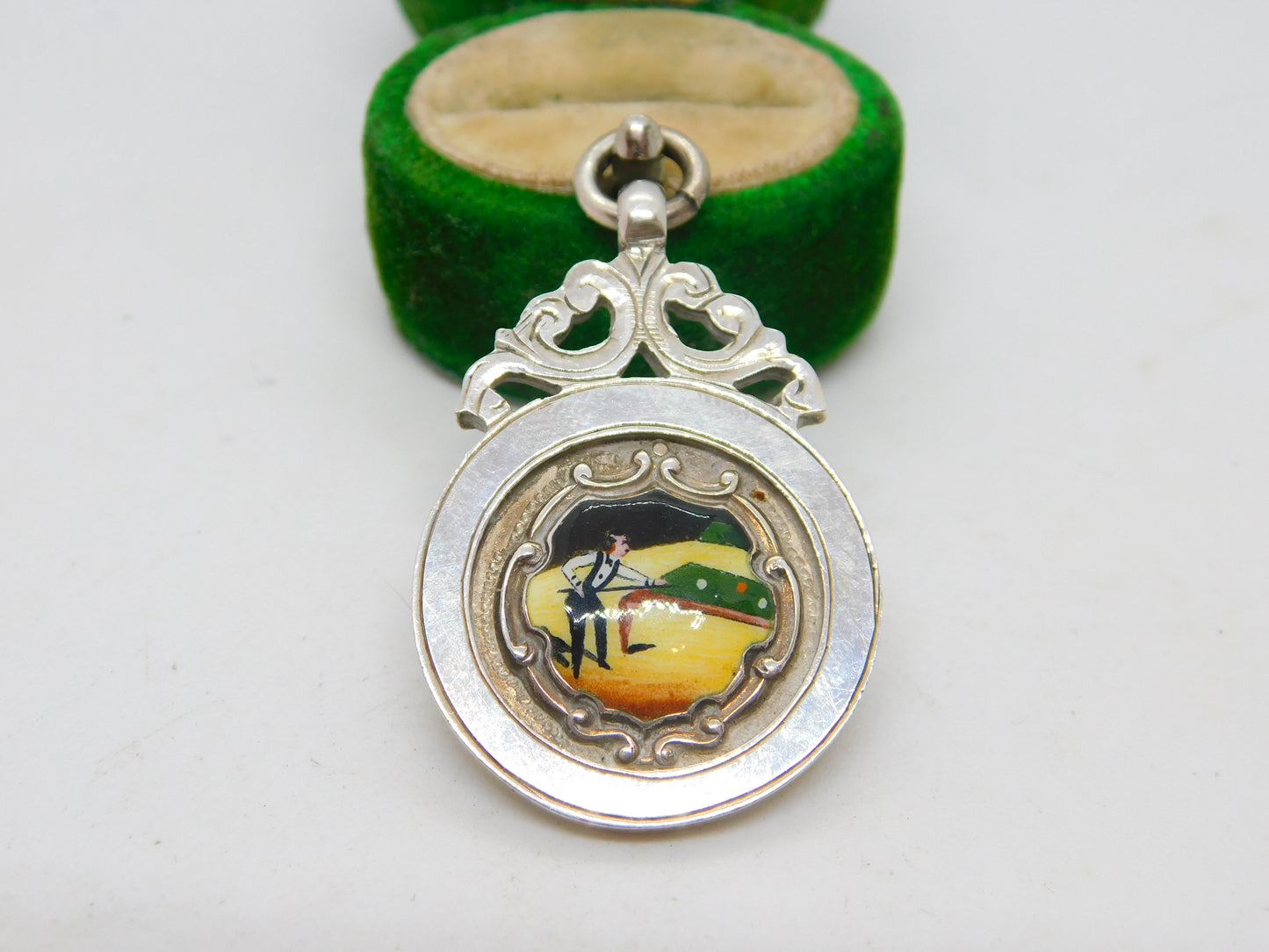 Sterling Silver & Enamel Snooker Player Fob Medal Antique 1935 Chester Deco