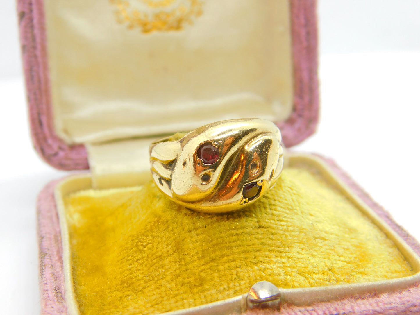 Victorian Style 9ct Yellow Gold & Garnet Snake or Serpent Crossover Ring Vintage