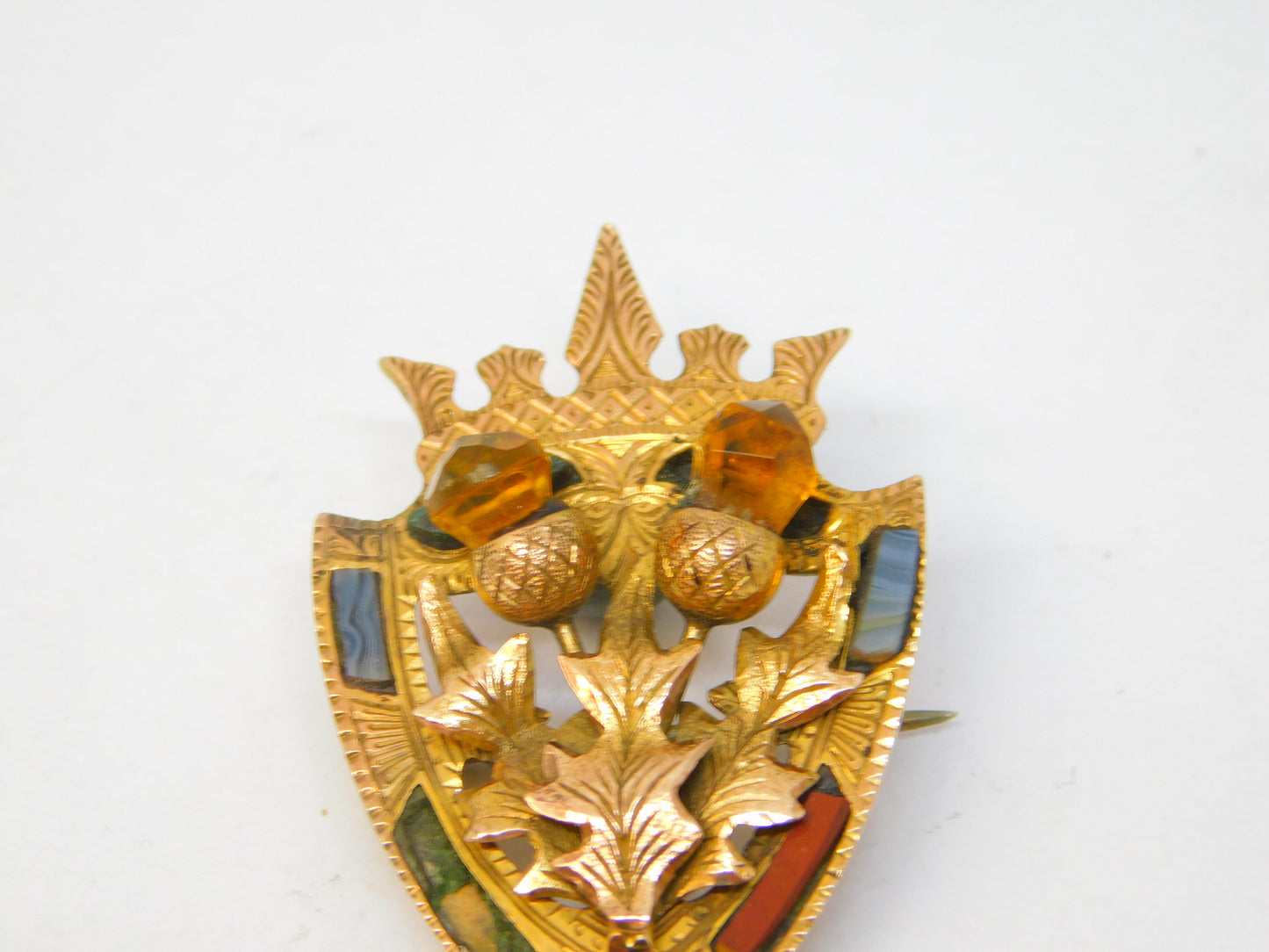 9ct Yellow Gold, Scottish Thistle, Agate & Citrine Brooch Antique 1925 Art Deco