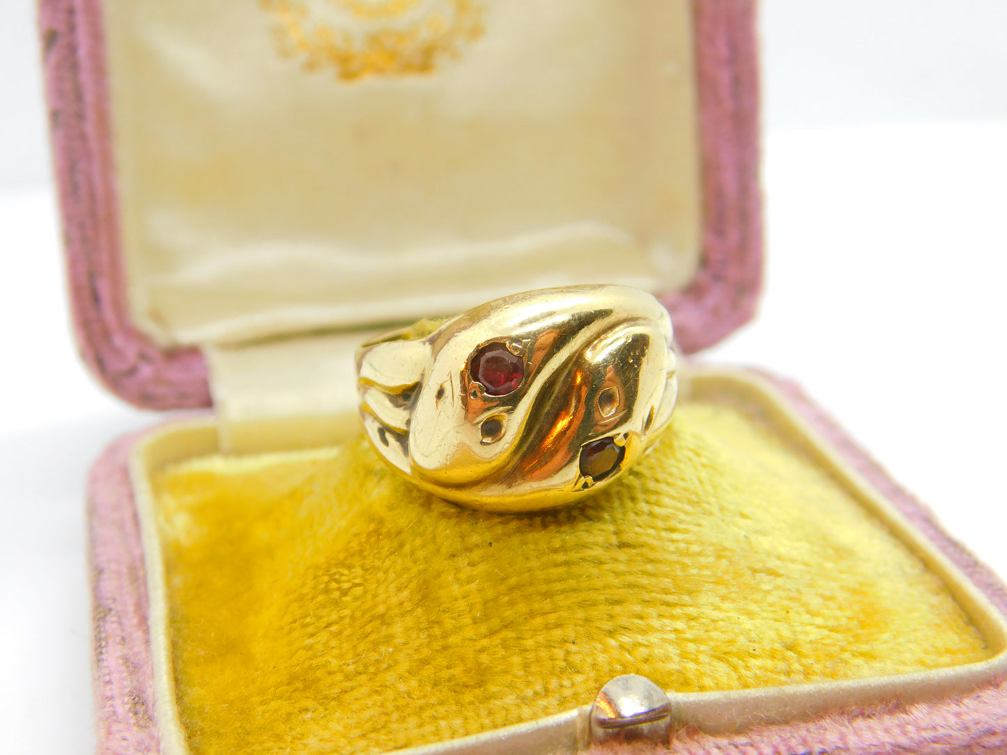 Victorian Style 9ct Yellow Gold & Garnet Snake or Serpent Crossover Ring Vintage