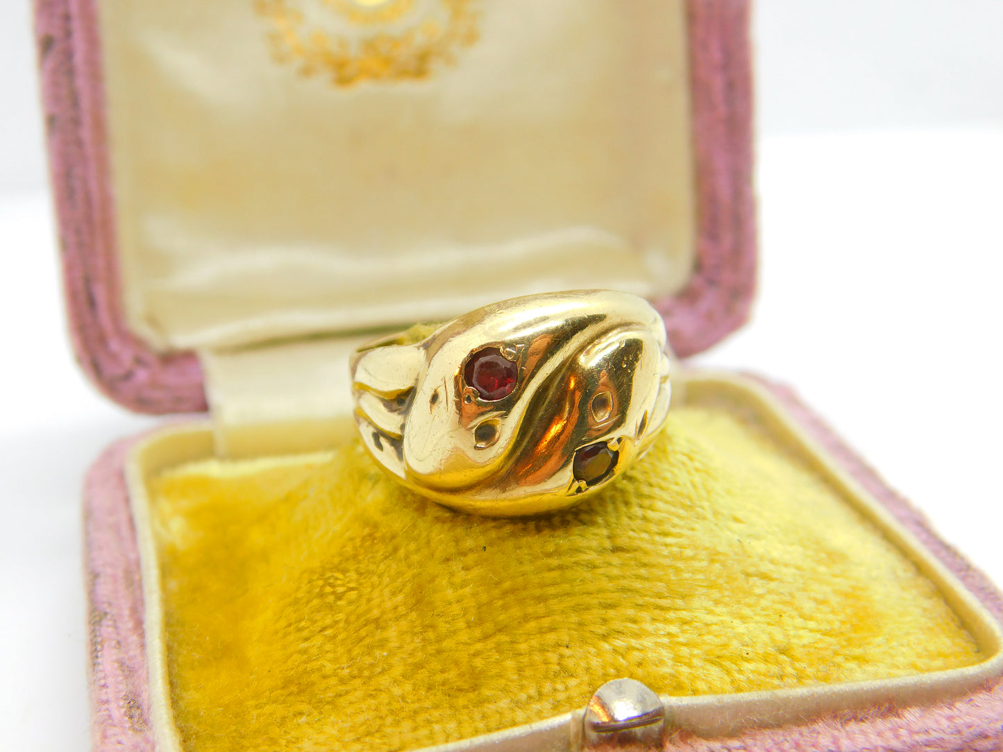 Victorian Style 9ct Yellow Gold & Garnet Snake or Serpent Crossover Ring Vintage