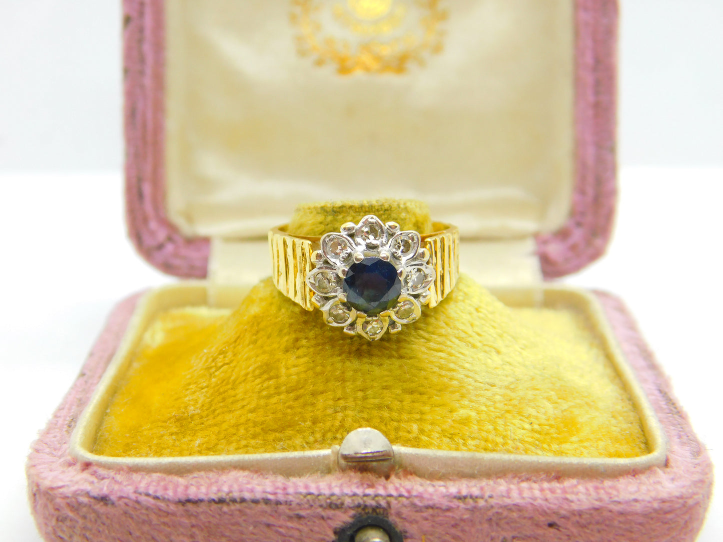 18ct Yellow Gold, Sapphire & 0.4ct Diamond Floral Cluster Ring Vintage 1995 London