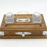 Sheaffer Sterling Silver Mounted Oak & Cut Crystal Inkpot Desk Stand Vintage