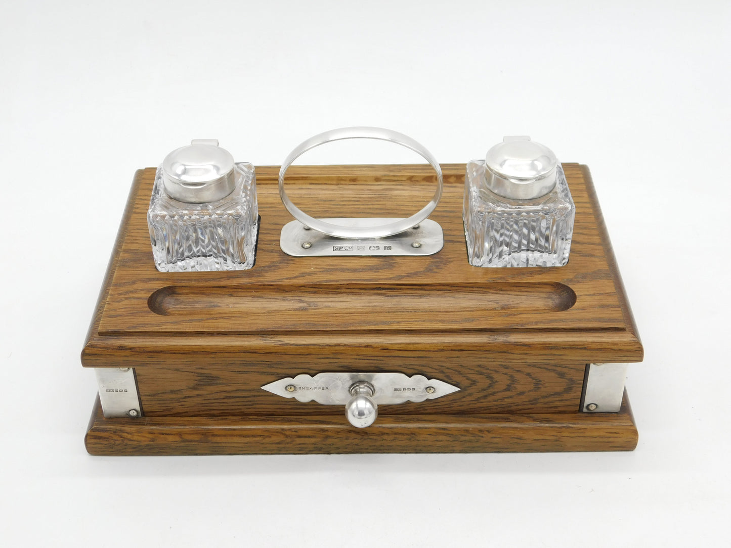 Sheaffer Sterling Silver Mounted Oak & Cut Crystal Inkpot Desk Stand Vintage