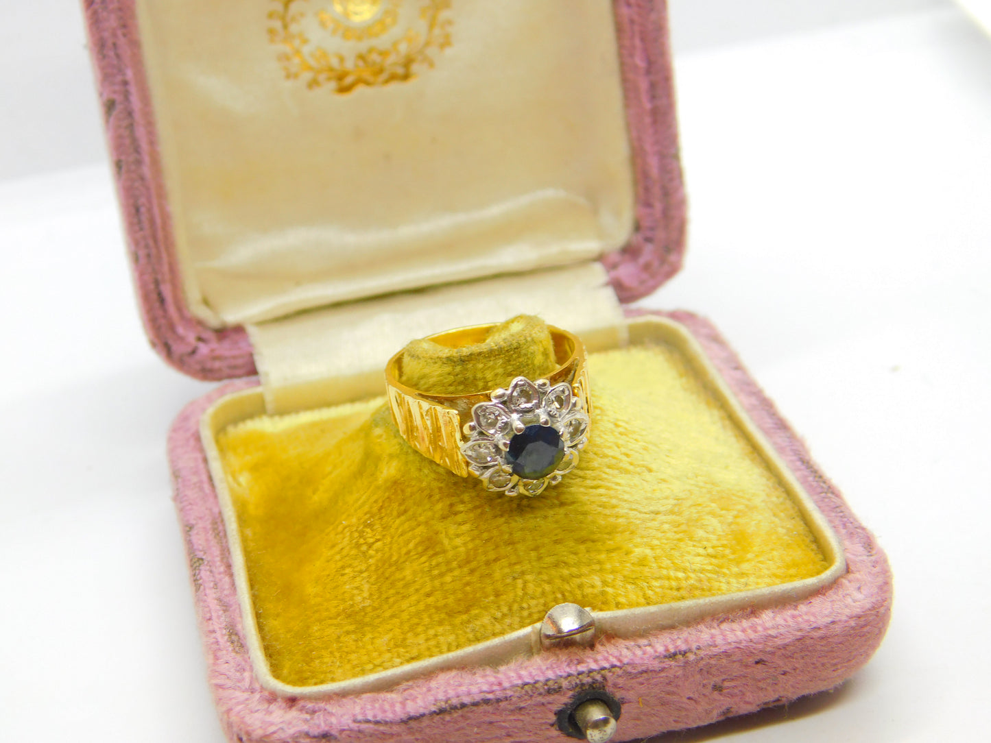 18ct Yellow Gold, Sapphire & 0.4ct Diamond Floral Cluster Ring Vintage 1995 London