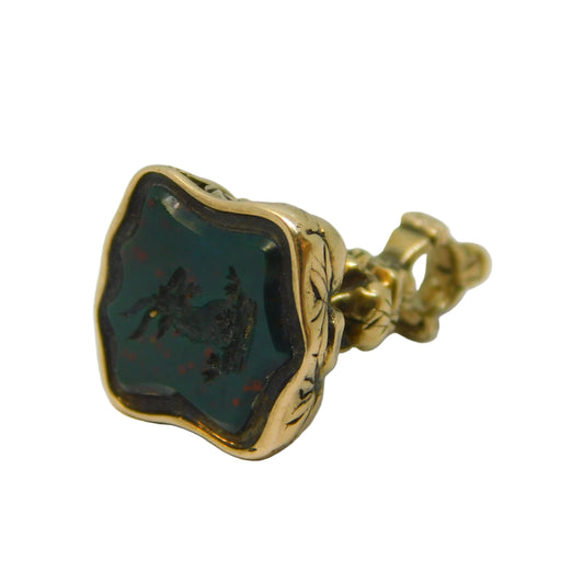 19th Century 15ct Yellow Gold Stag over Coronet Bloodstone Intaglio Fob Antique c1840