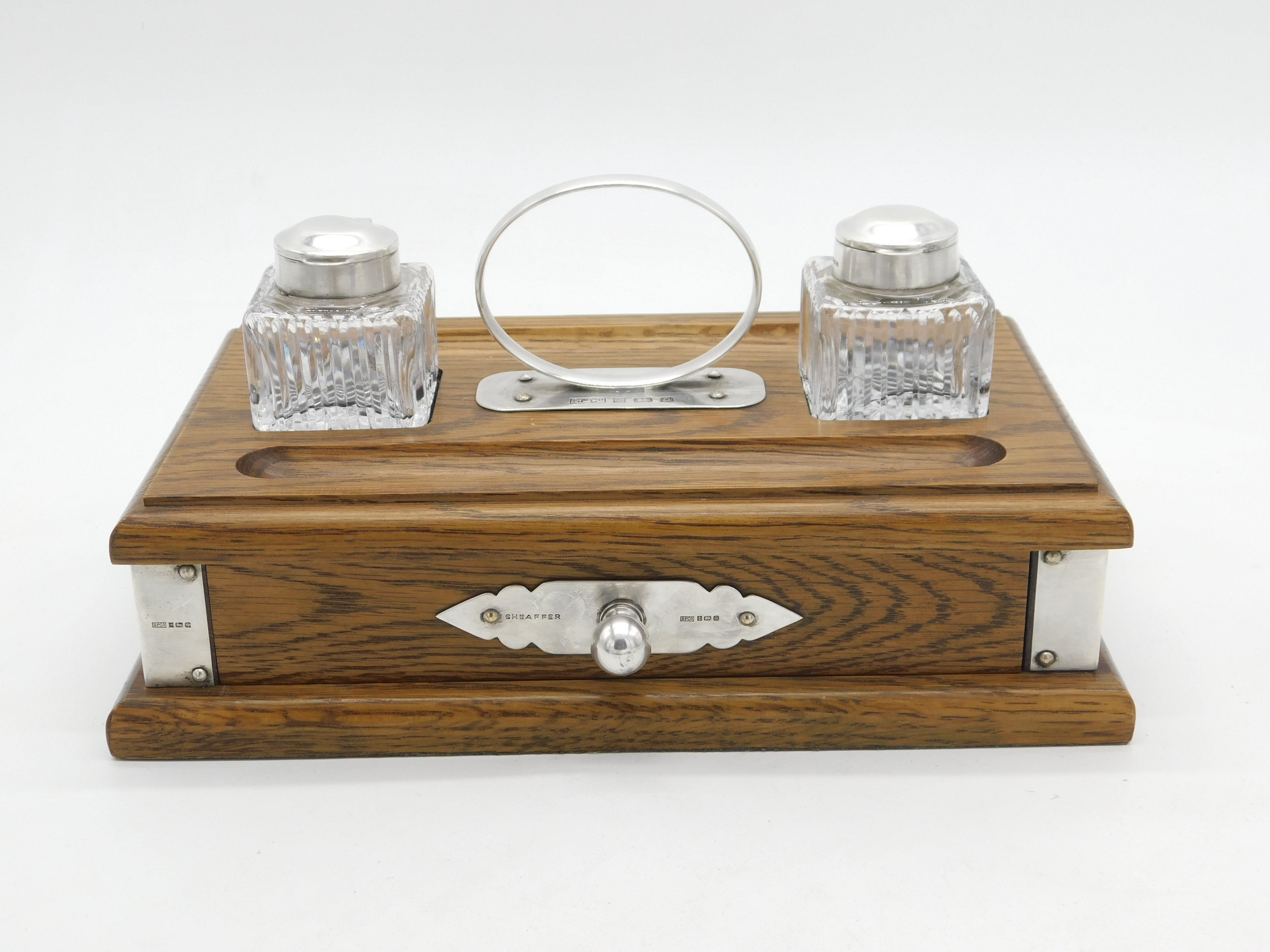 Crystal Ink Pot Sheaffer Sterling Silver Mounted Oak & Cut Crystal Inkpot Desk Stand V ...