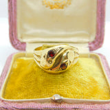 Victorian Style 9ct Gold & Garnet Snake or Serpent Crossover Ring Vintage 1964