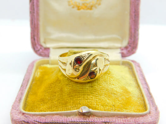 Victorian Style 9ct Gold & Garnet Snake or Serpent Crossover Ring Vintage 1964