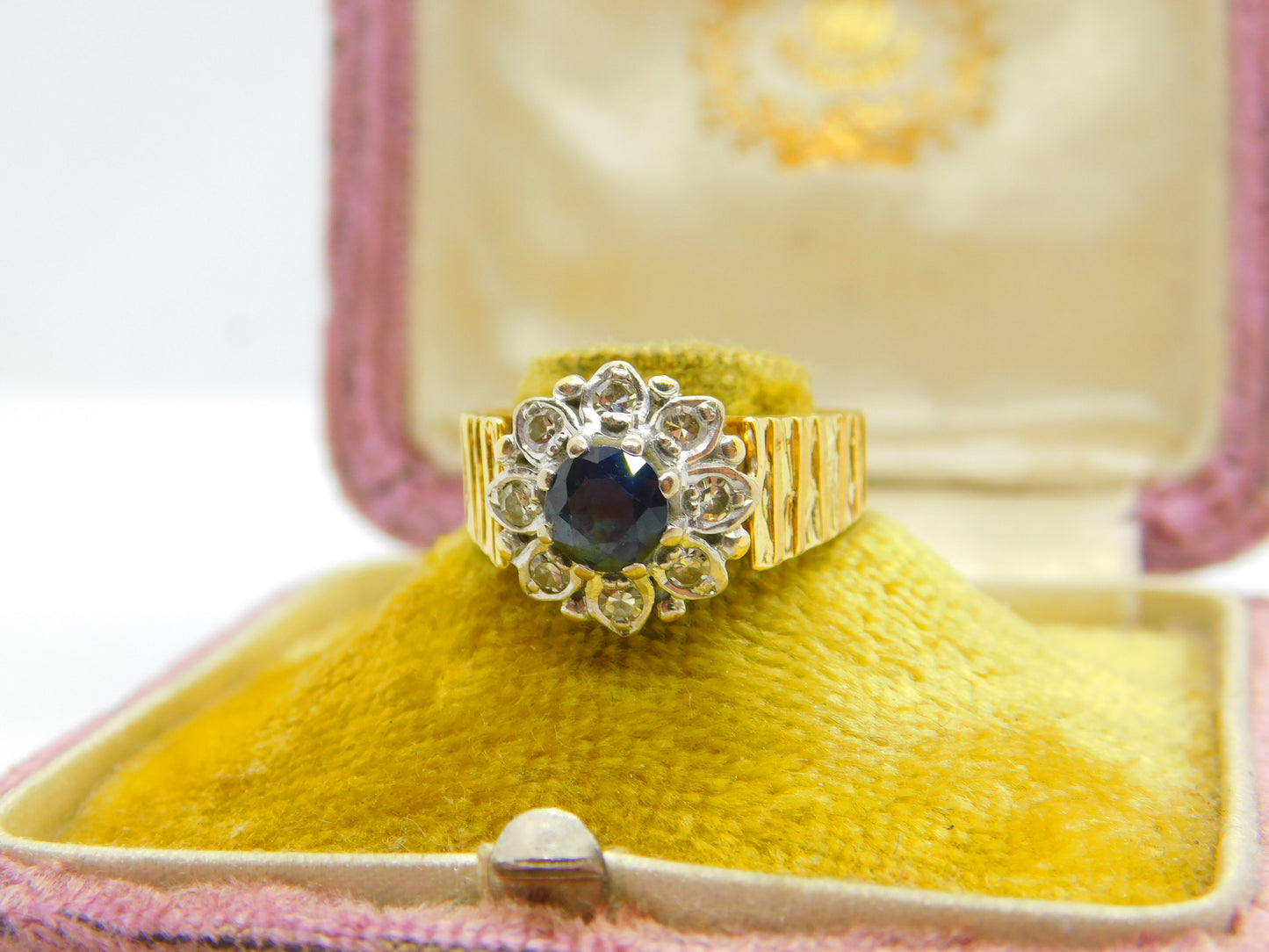 18ct Yellow Gold, Sapphire & 0.4ct Diamond Floral Cluster Ring Vintage 1995 London