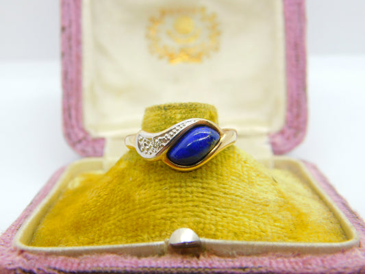 9ct Yellow Gold, Lapis Lazuli & Diamond Modernist Crossover Ring Vintage c1980